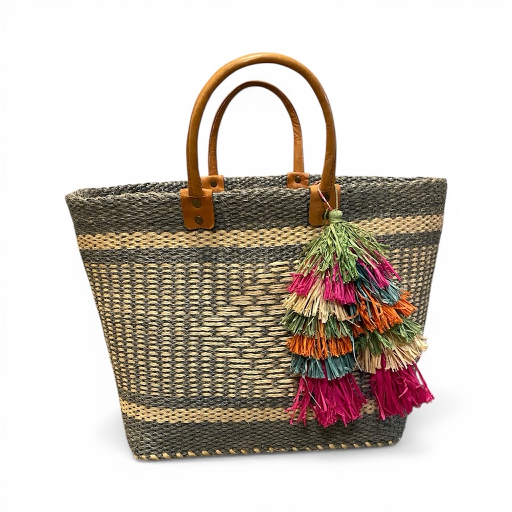 Woven Blue and Cream Straw Tote with Colorful Tassel Accent